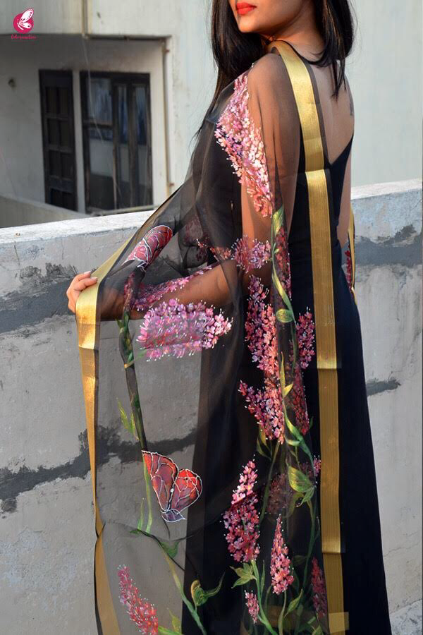 Black Handpainted Butterfly Floral Stole