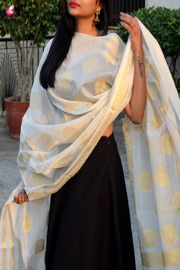Off White Chanderi Zari Woven Dupatta