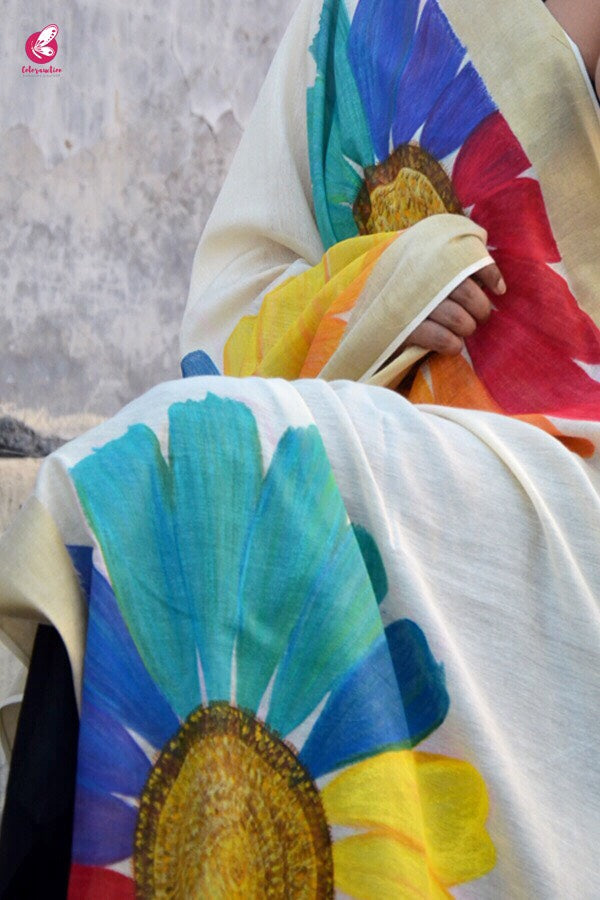 Off White Chanderi Floral Handpainted Stole