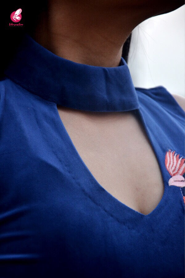 Blue Silky Velvet Sleeveless Maxi Dress