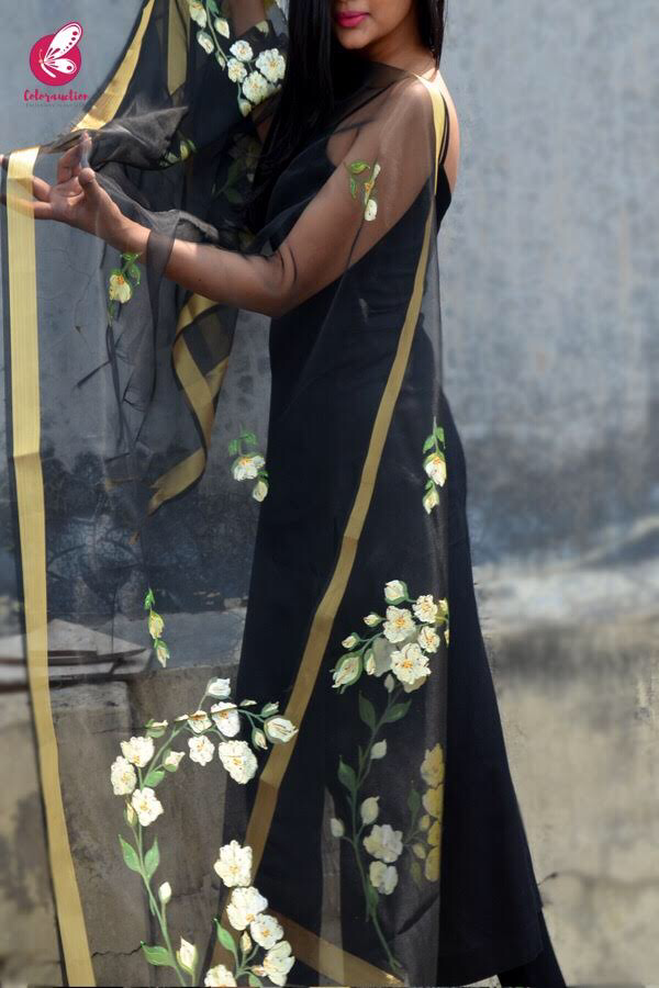 Black Organza Floral Hand Painted Stole