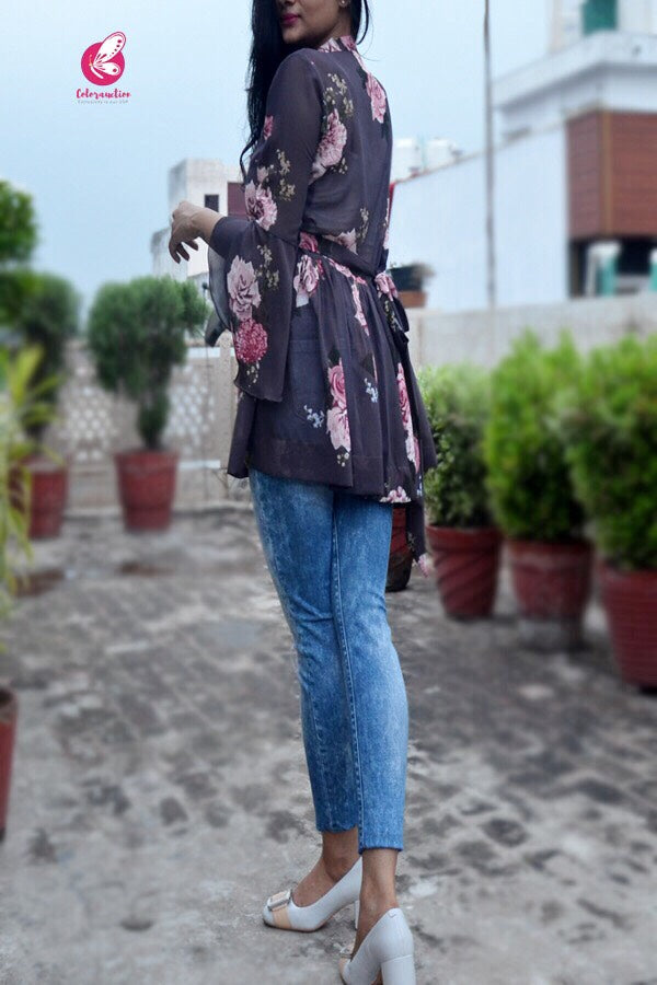 Dark Grey Printed Floral Shrug
