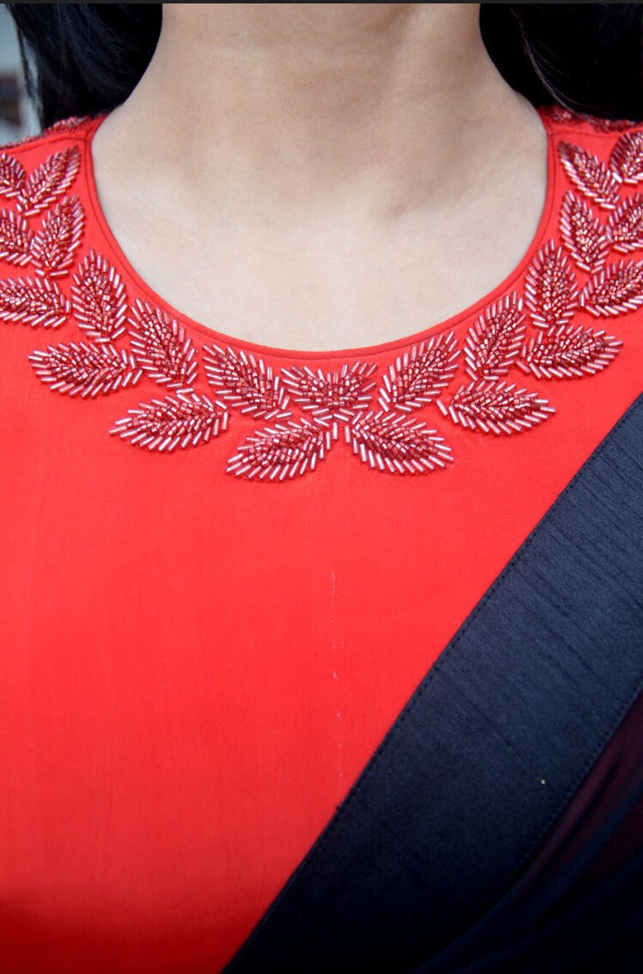 Black Red Net Handwork Saree