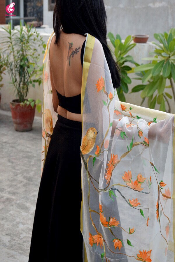 White Organza Handpainted Floral Stole