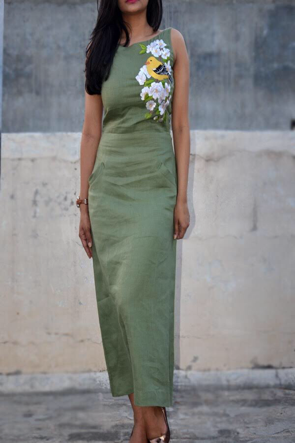 Green Linen Embroidered A-Line Kurti Dress