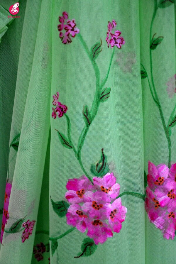 Neon Green Net Handpainted Saree