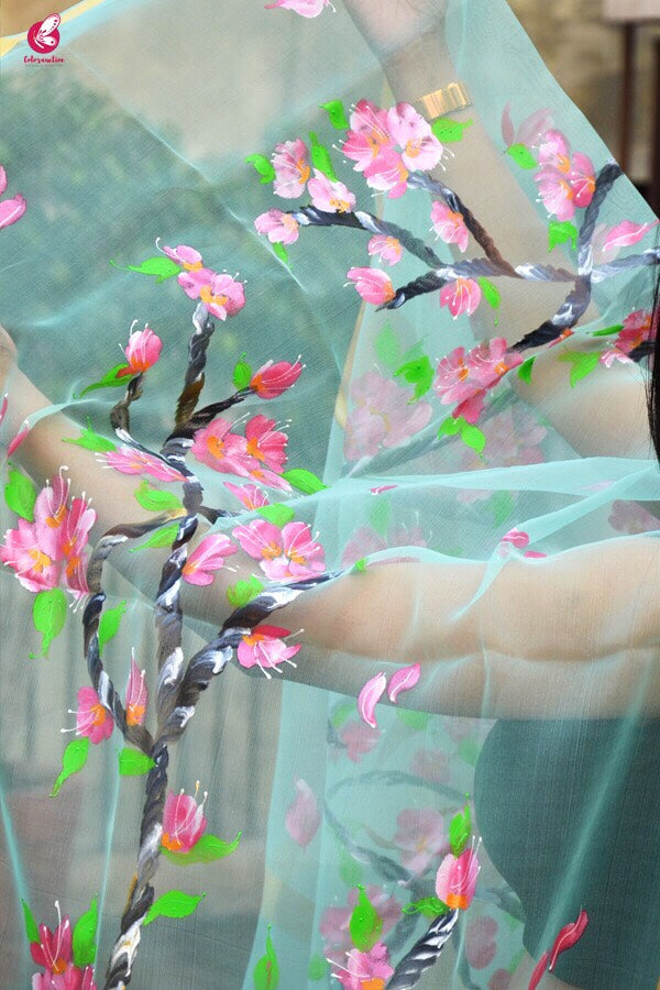 Pista Green Floral Handpainted Stole