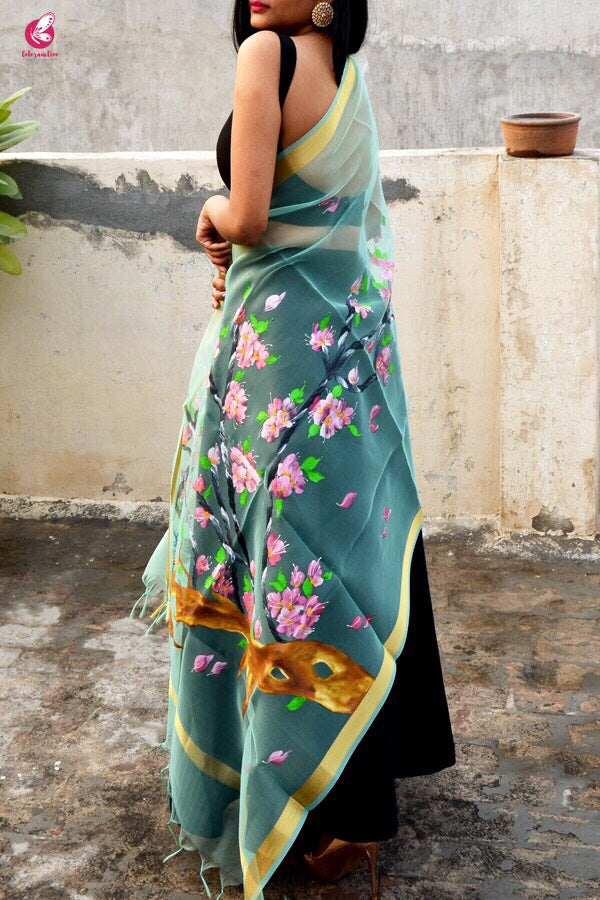 Pista Green Floral Handpainted Stole