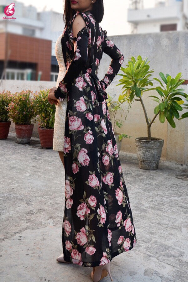 Black Georgette Floral Long Shrug