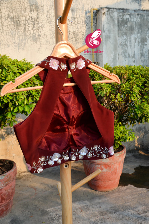 Maroon Crepe Sequins Handwork Padded Blouse