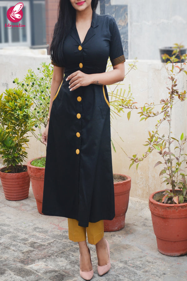 Black &amp; Mustard Cotton Silk Kurti with Mustard Stripes Cotton Silk Pants