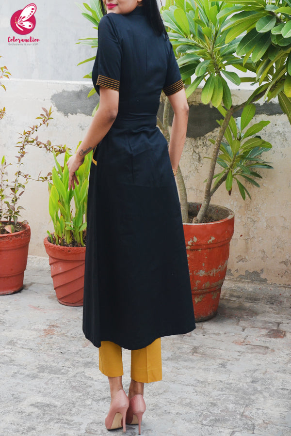 Black &amp; Mustard Cotton Silk Kurti with Mustard Stripes Cotton Silk Pants