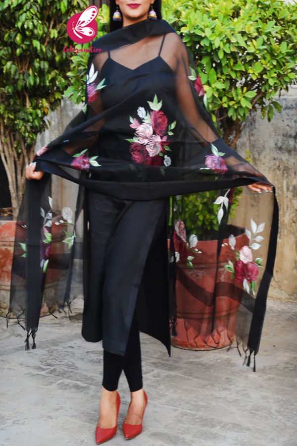 Black Organza Multocoloured Floral Hand painted Stole