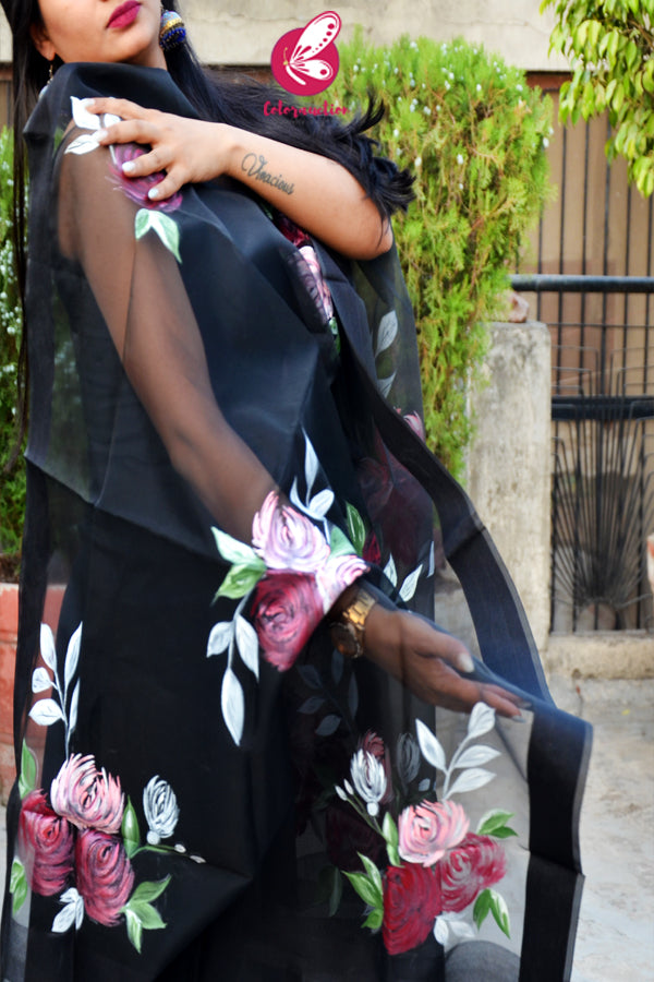 Black Organza Multocoloured Floral Hand painted Stole