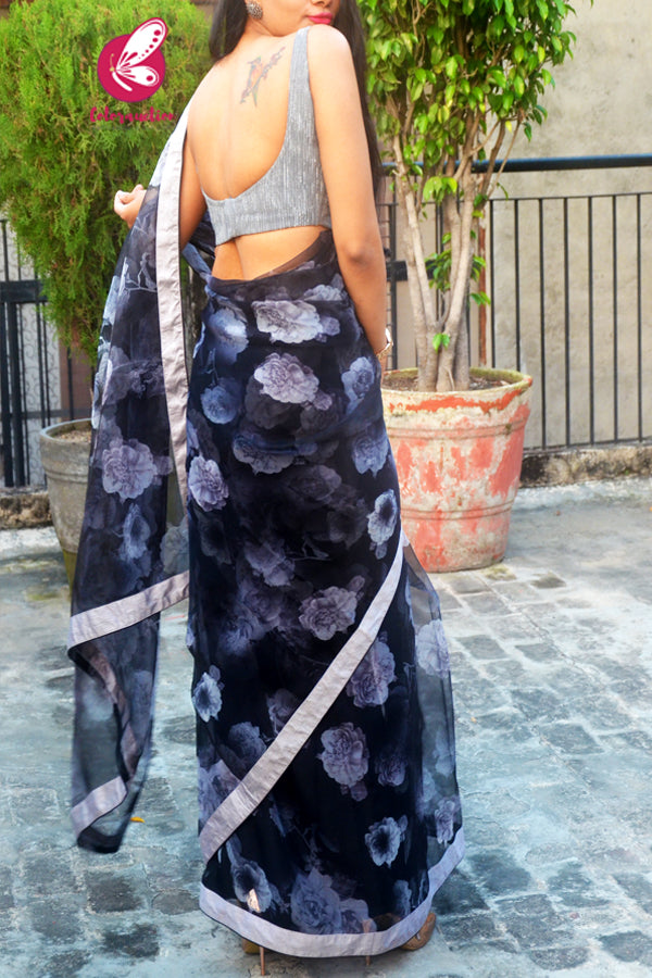 Black Grey Floral Organza Dupion Taping Piping Saree