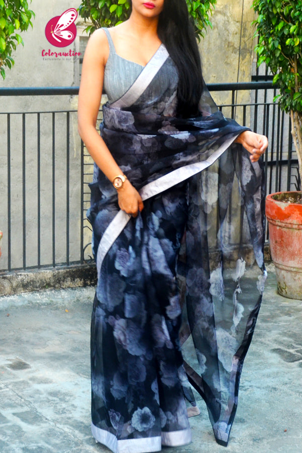 Black Grey Floral Organza Dupion Taping Piping Saree