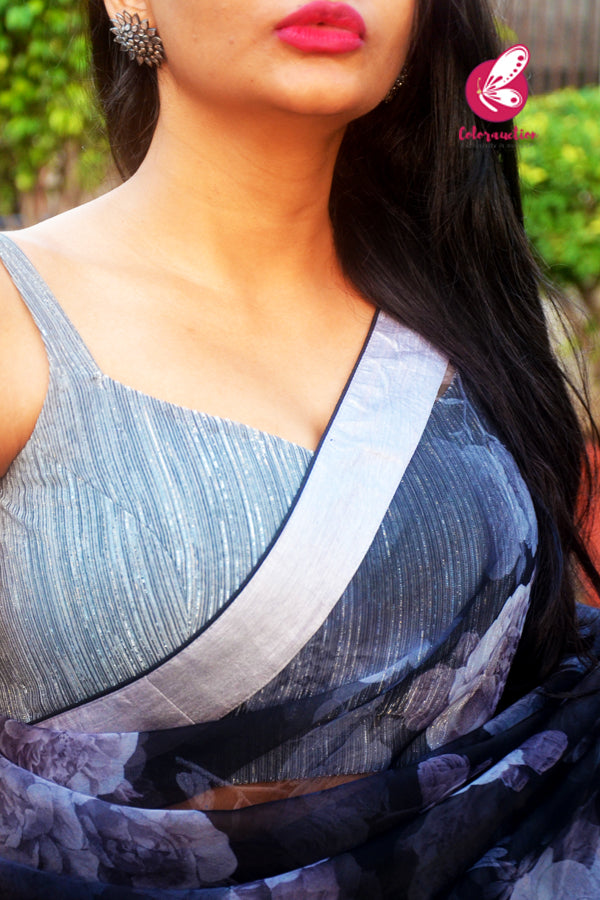 Black Grey Floral Organza Dupion Taping Piping Saree