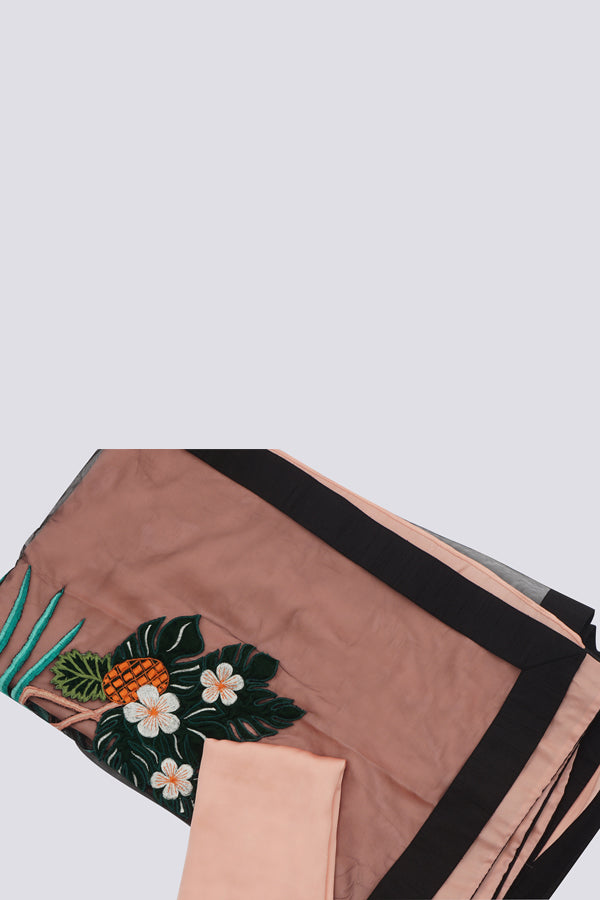 Pastel Peach Satin Embroidered Saree