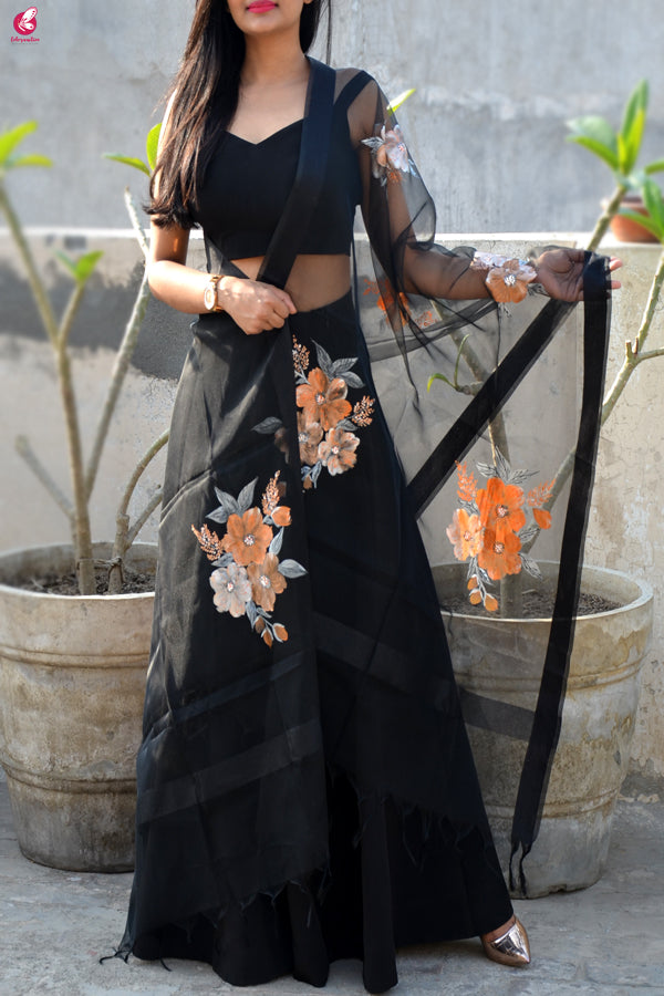 Black Organza Hand painted Floral Organza Stole