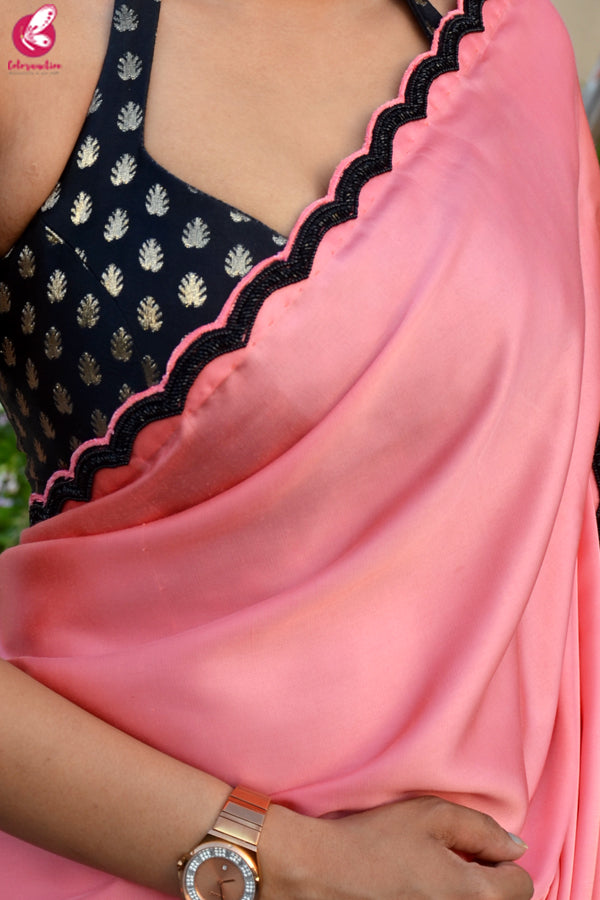 Peach Pink Satin Bead Hand Work Scallop Border Saree