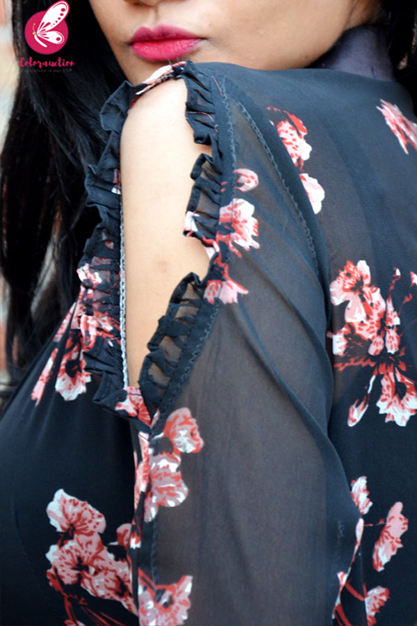 Black Printed Peach Floral Georgette Full Sleeves Long Shrug