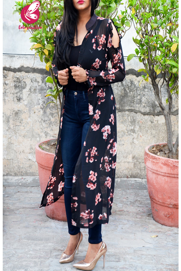 Black Printed Peach Floral Georgette Full Sleeves Long Shrug