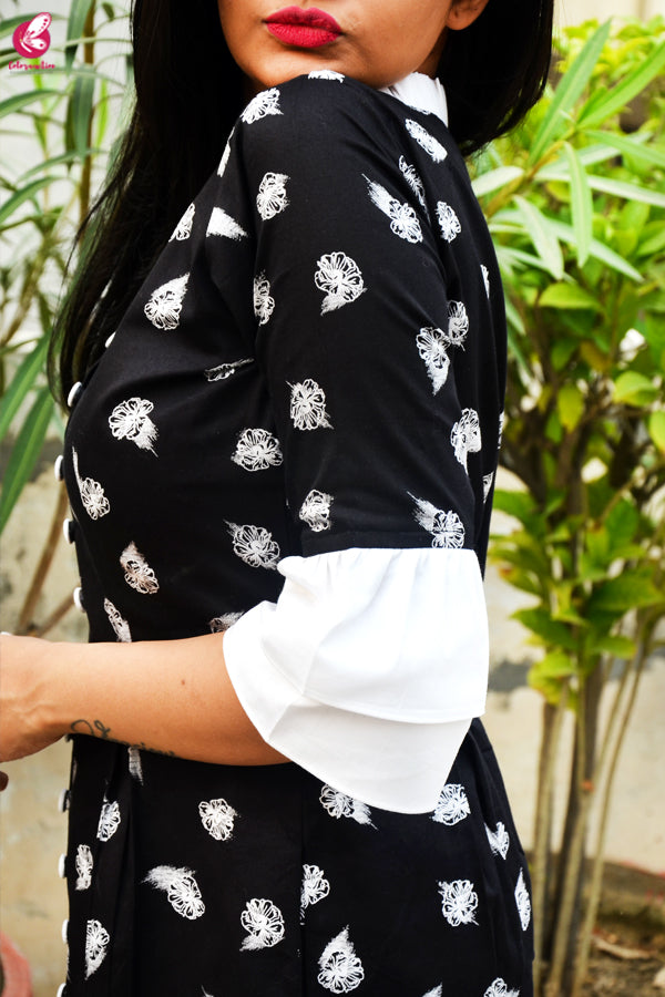 Black &amp; White Printed Cotton Silk Kurti with White Cotton Silk Pants