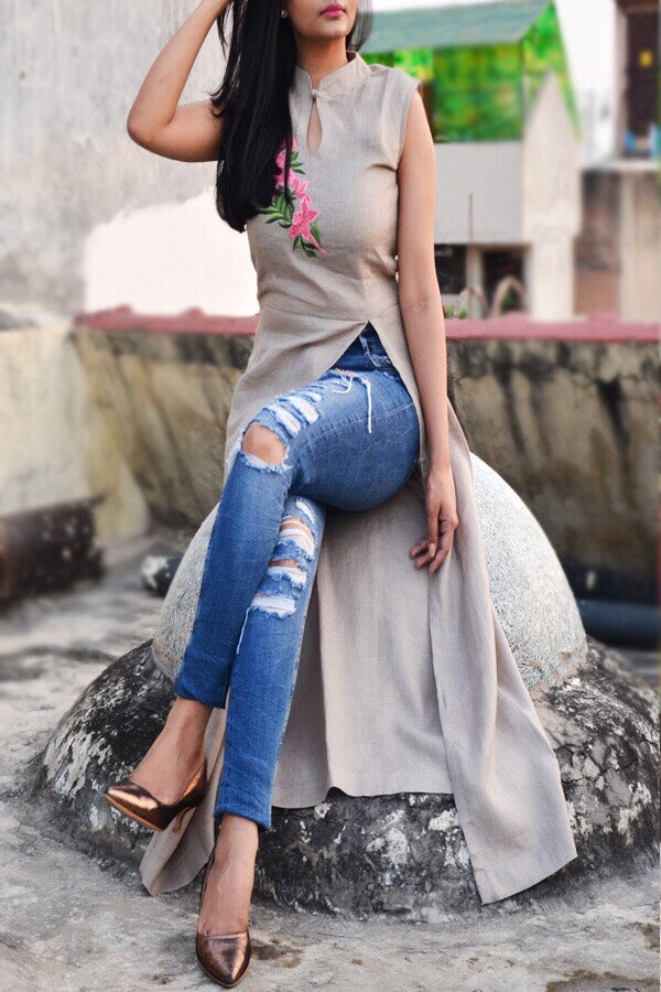 Greenish Gray Linen Embroidered A-Line Kurti