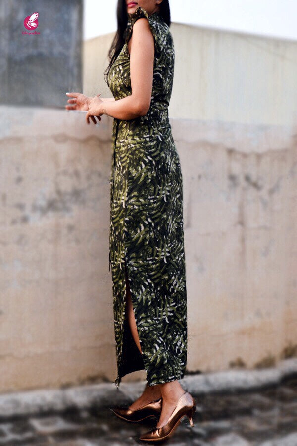Military Green Crepe Side Slit Maxi Dress