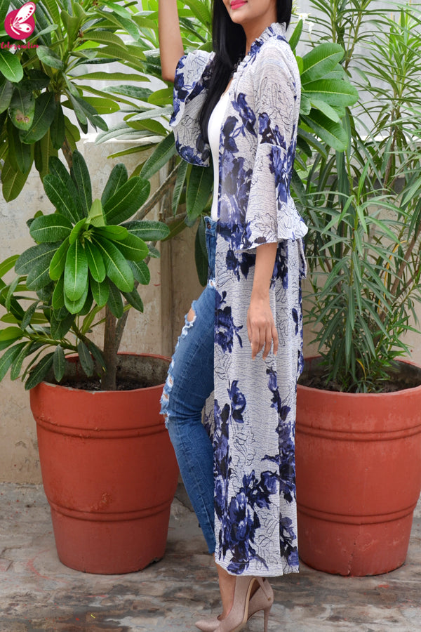 Multicolored Printed Floral Georgette Bell Sleeves Long Shrug