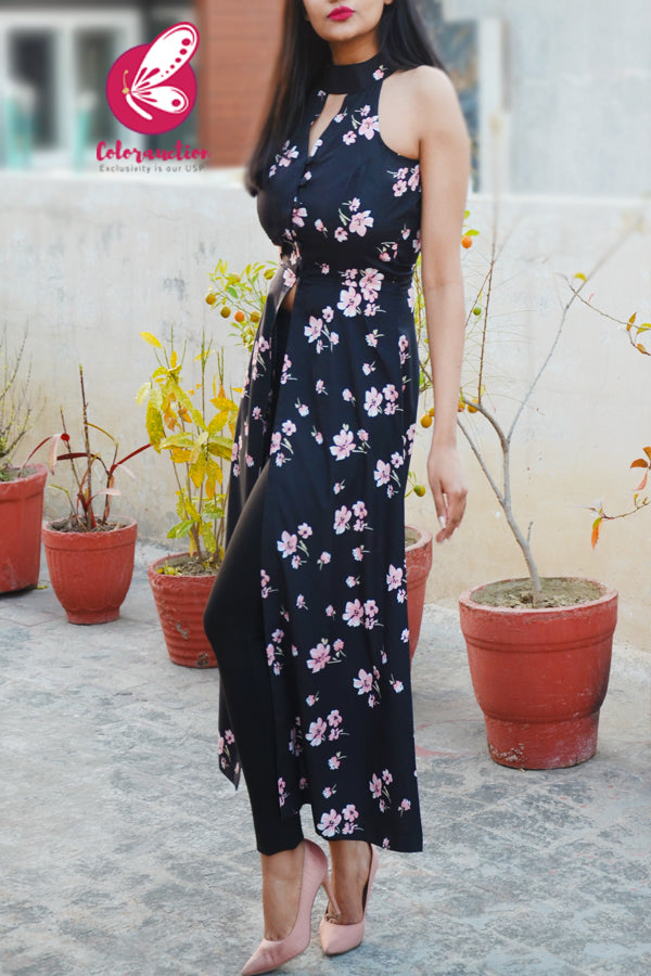 Black Crepe Printed Floral Front Slit Kurti