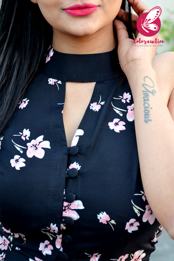 Black Crepe Printed Floral Front Slit Kurti