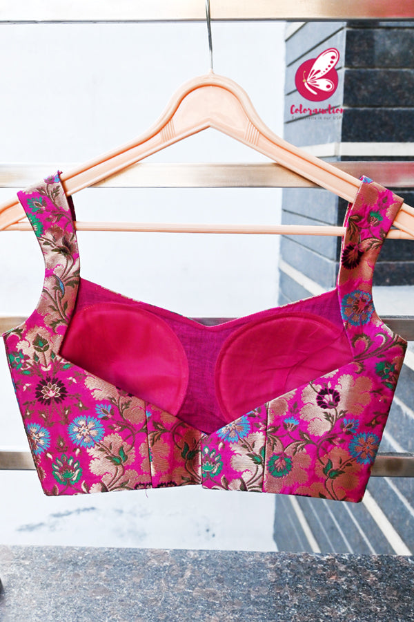 Magenta Multicoloured Thread Work Brocade Padded Blouse