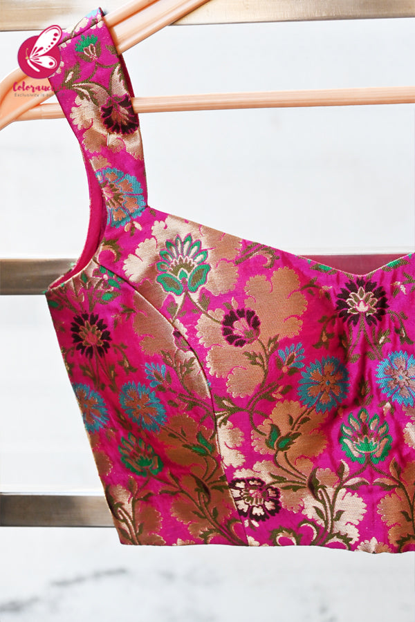 Magenta Multicoloured Thread Work Brocade Padded Blouse