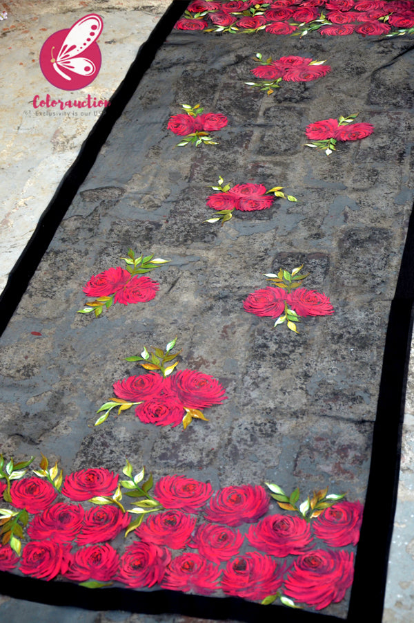 Black Pure Organza Roses Floral Hand painted Stole