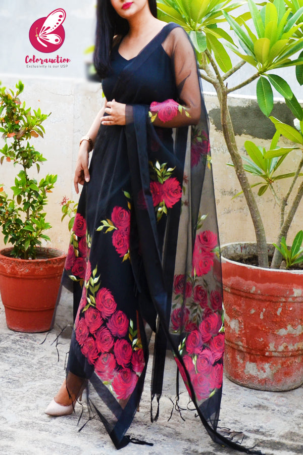 Black Pure Organza Roses Floral Hand painted Stole