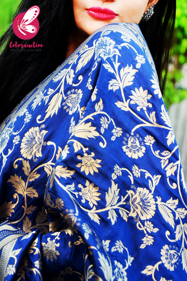 Navy Blue Floral Banarasi Silk Dupatta