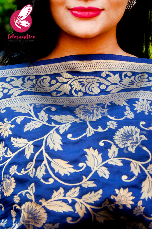 Navy Blue Floral Banarasi Silk Dupatta