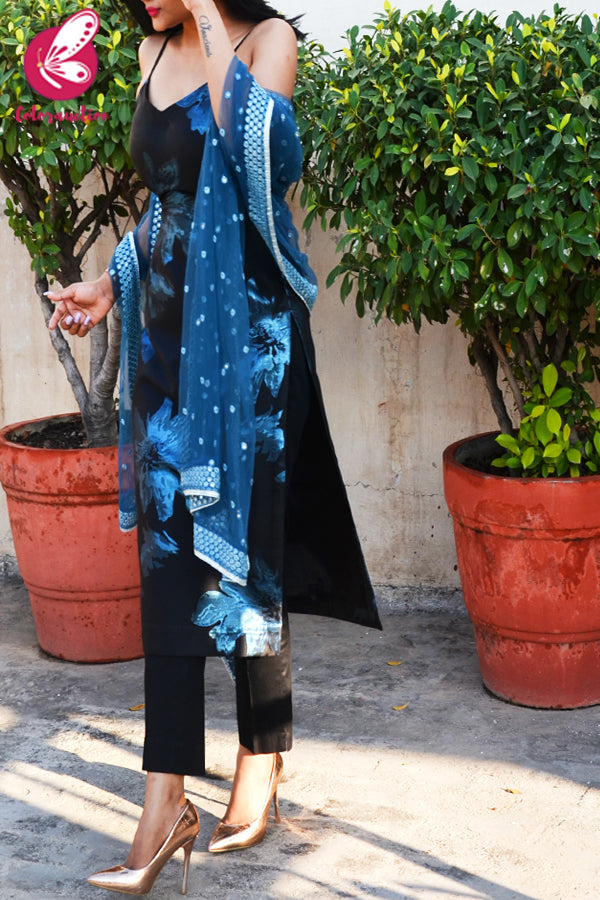 Black &amp; Blue Silk Brocade Padded Kurti with Black Cotton Silk Pants and Blue Mirror Work Dupatta