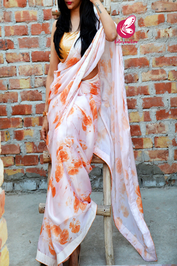 Creamish Orangish Digital Floral Print Satin Georgette Dupion Silk Taping Piping Saree
