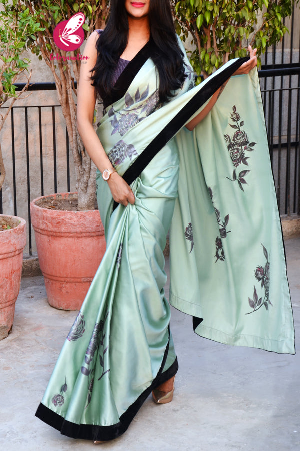 Pastel Mint Green Black Velvet Taping Plum Roses Handpainted Saree