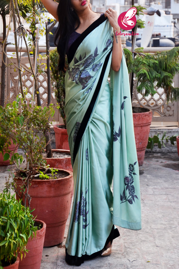 Pastel Mint Green Black Velvet Taping Plum Roses Handpainted Saree