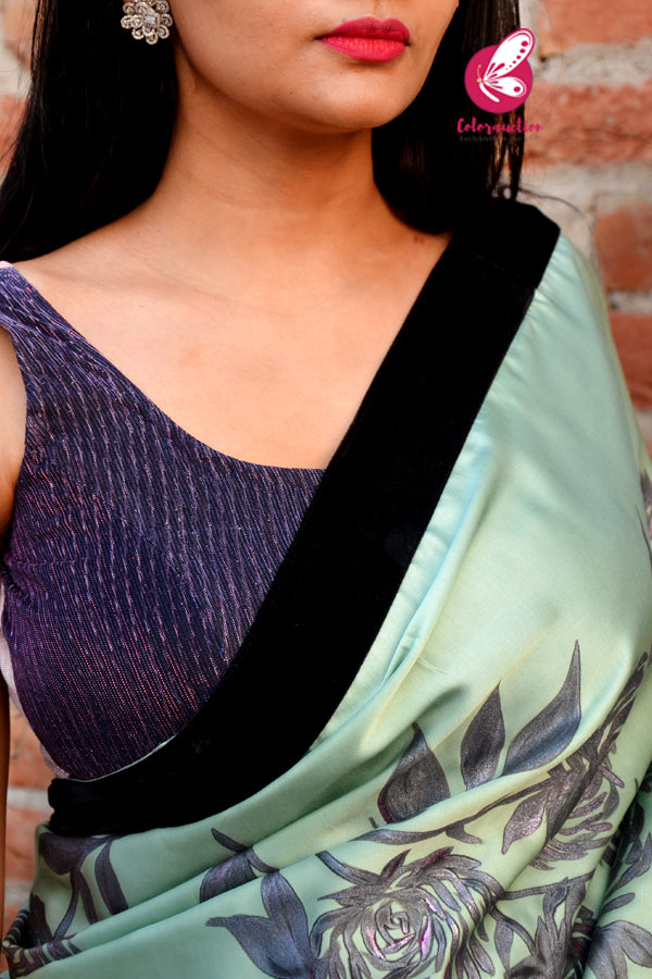 Pastel Mint Green Black Velvet Taping Plum Roses Handpainted Saree