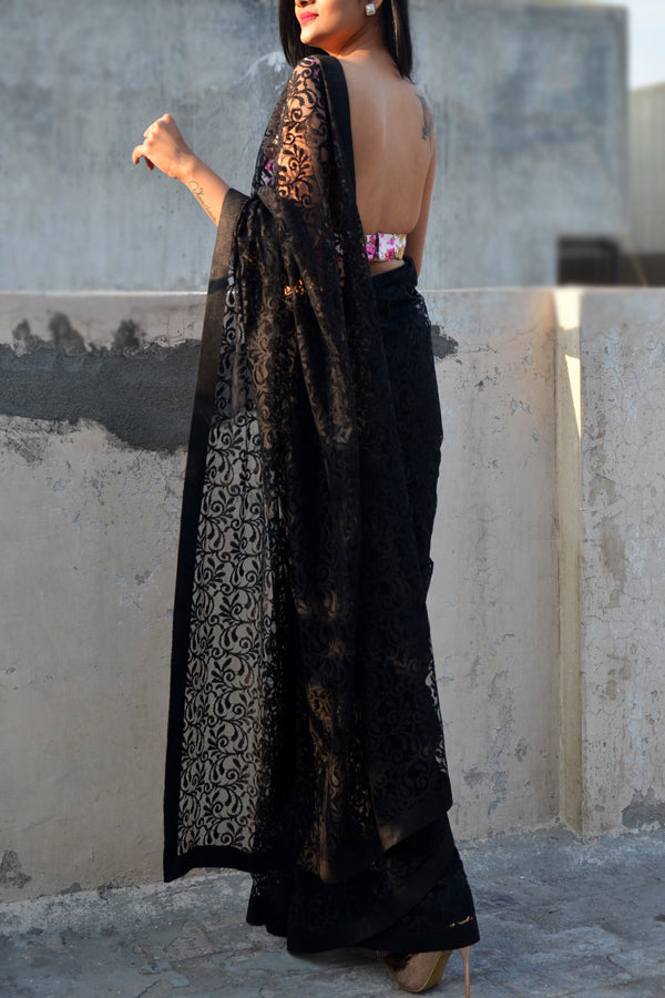 Black Chandelier Net Dupion Silk Taping Saree