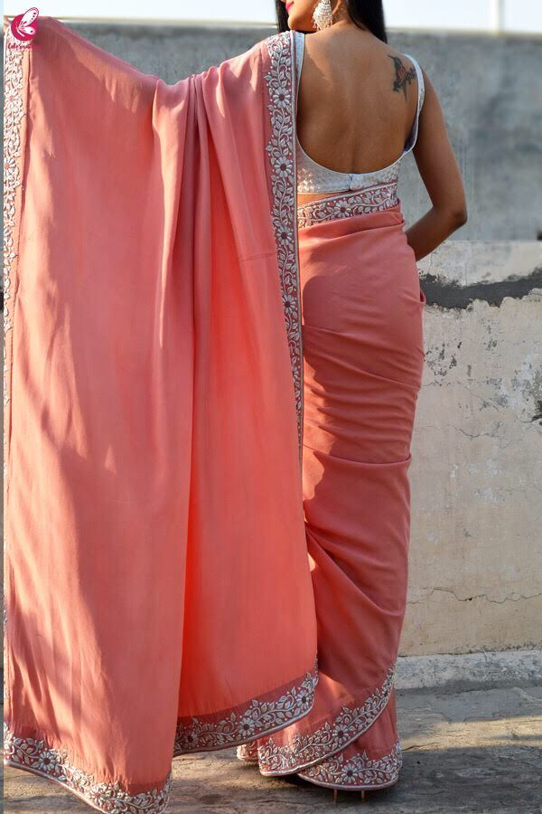 Dusty Rose Pure Silk Silver Dabka Zardosi Pearl Handwork Saree