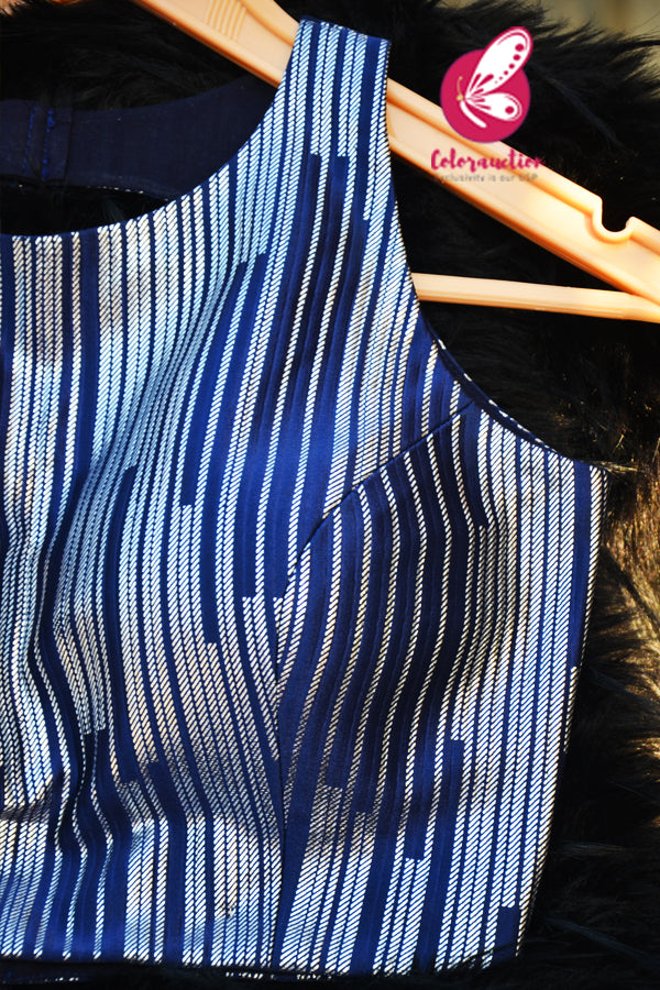 Blue Silver Crepe Keyhole Back Padded Blouse