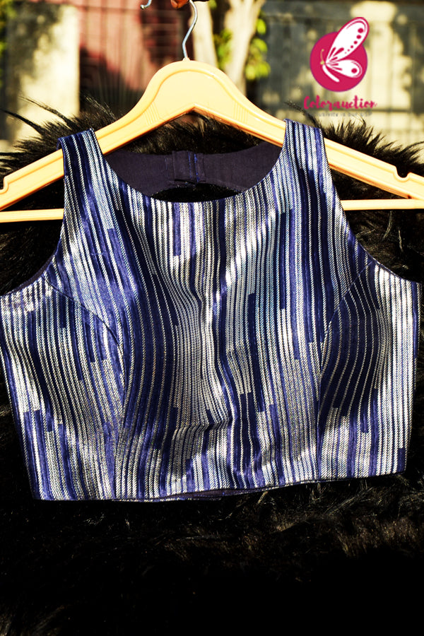 Blue Silver Crepe Keyhole Back Padded Blouse