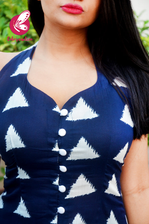 Blue &amp; White Printed Rayon Sleeveless Kurti Set