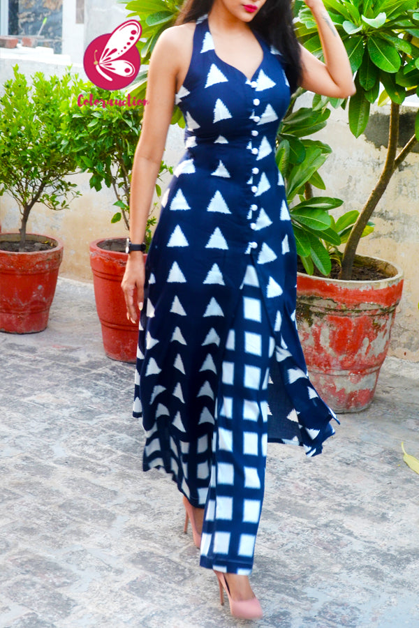 Blue &amp; White Printed Rayon Sleeveless Kurti Set
