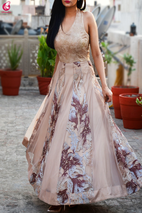 Cream Padded Backless Embroidered Dress